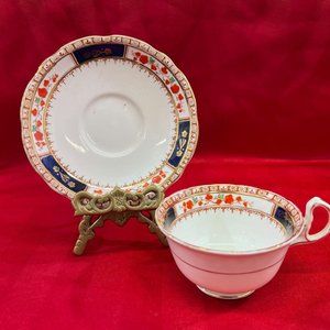 Royal Stafford Teacup Saucer Bone China England Blue red floral gold trim